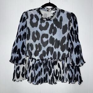 GANNI Women’s Pleated Georgette Leopard-Print Blouse Top Blue Size 44